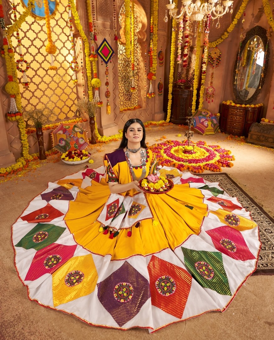 11042-yellow - Garba Elegance in Mustard Yellow Patchwork Splendor